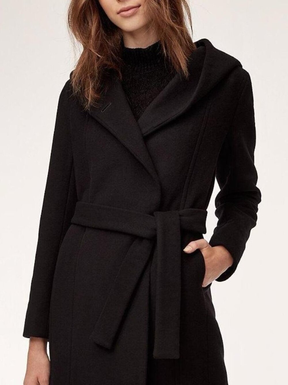 Wilfred Aritzia Brenna Italian Wool Cashmere Belted Robe Jacket Hooded Black